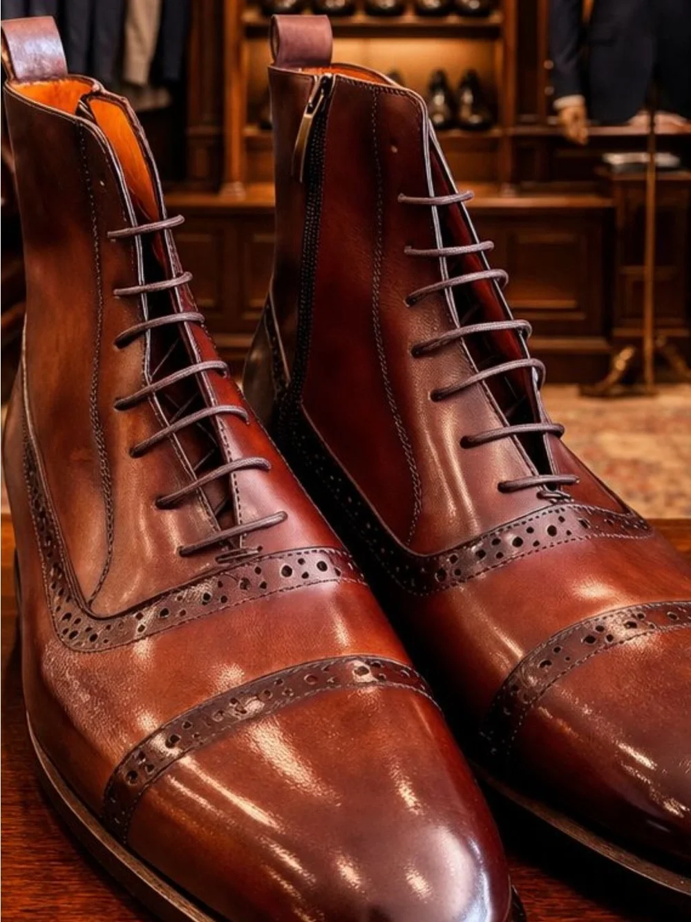 Men's Brown Leather Dress Boots with Side Zip and red bottom